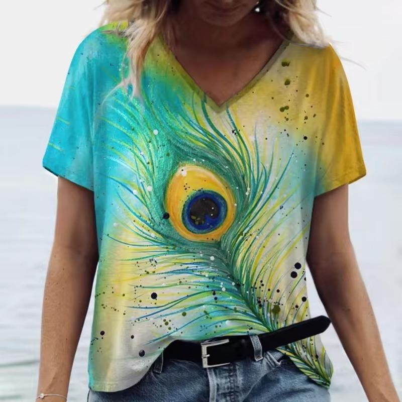 Summer V Neck Women T-Shirts 3D Print Peacock Feather Graphic Fashion Short Sleeve Harajuku Y2k Top Oversized Casual Female T Shirt