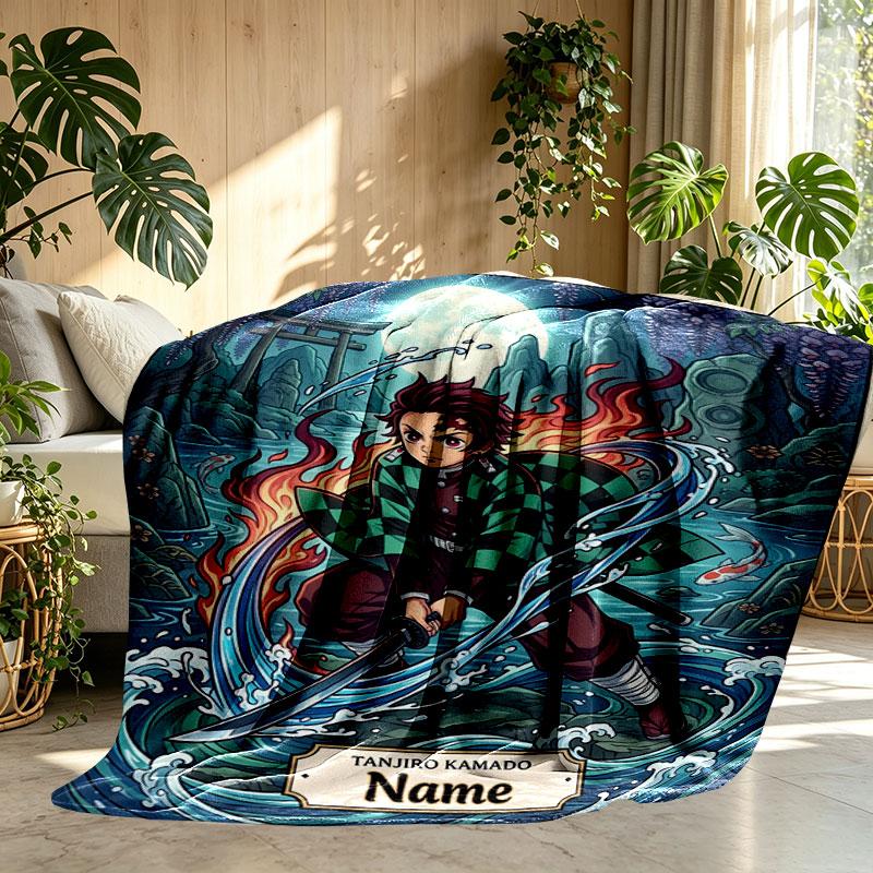 Couverture Personnalisée au Nom avec Impression Demon Slayer, Décoration d'Intérieur, Chambre à Coucher, Canapé, Camping, Canapé, Cadeaux pour Anniversaire Noël