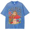 Lazy Cute Frog Mushroom Flower Print T-Shirt Retro Washed De