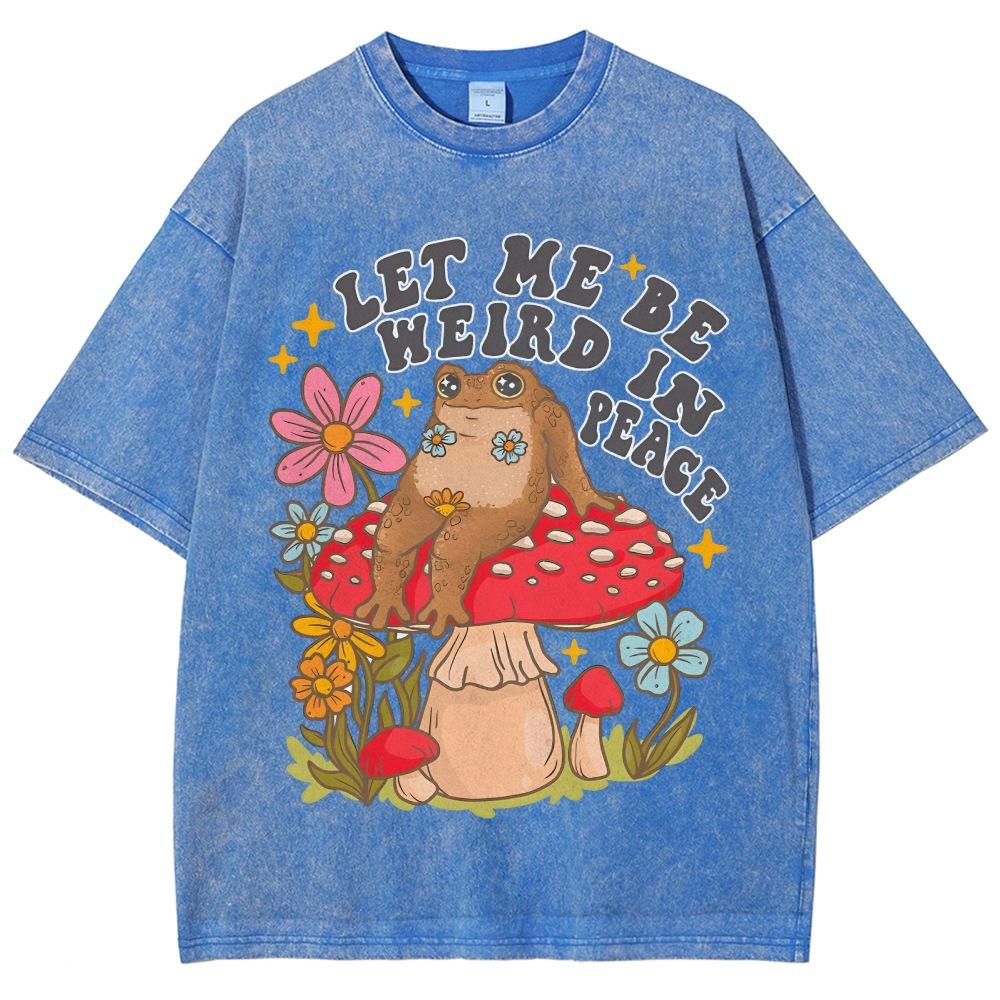 Lazy Cute Frog Mushroom Flower Print T-Shirt Retro Washed De