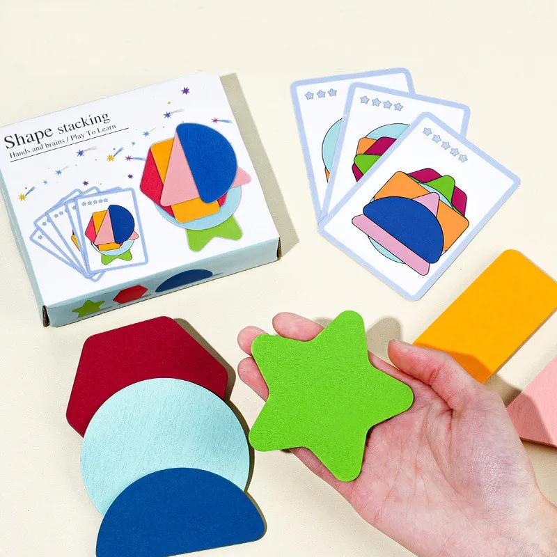 Children Puzzle Wooden 3D Jigsaw Game Tangram Stick Geometric Ring Shape Matching Early Learning-Focused Toys