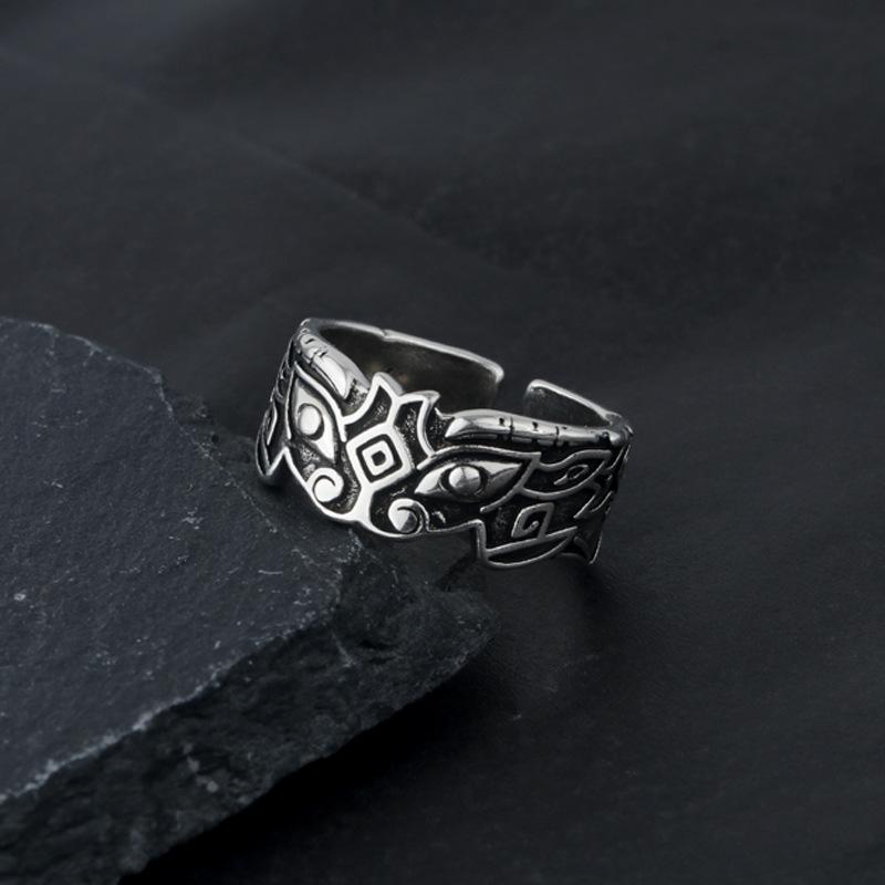 Retro Taotie Chinese Mythology Ring For Men Punk Gothic Rock Hiphop Open Ring Handmade Designer Zircon Accessories Unisex Gift