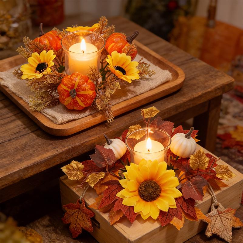 3PCS Harvest Festival Artificial Maple Leaf Candlestick Wreath, Candle Wreath, Photography Props, Home Decor, Party Decorations