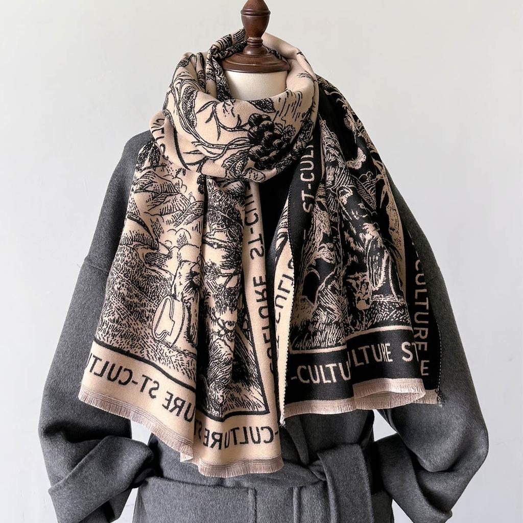 Autumn Winter Women Imitation Cashmere Scarf Korean Vintage Printed Letters Luxury Warm Thickened Neck Scarves Bandana Pashmina