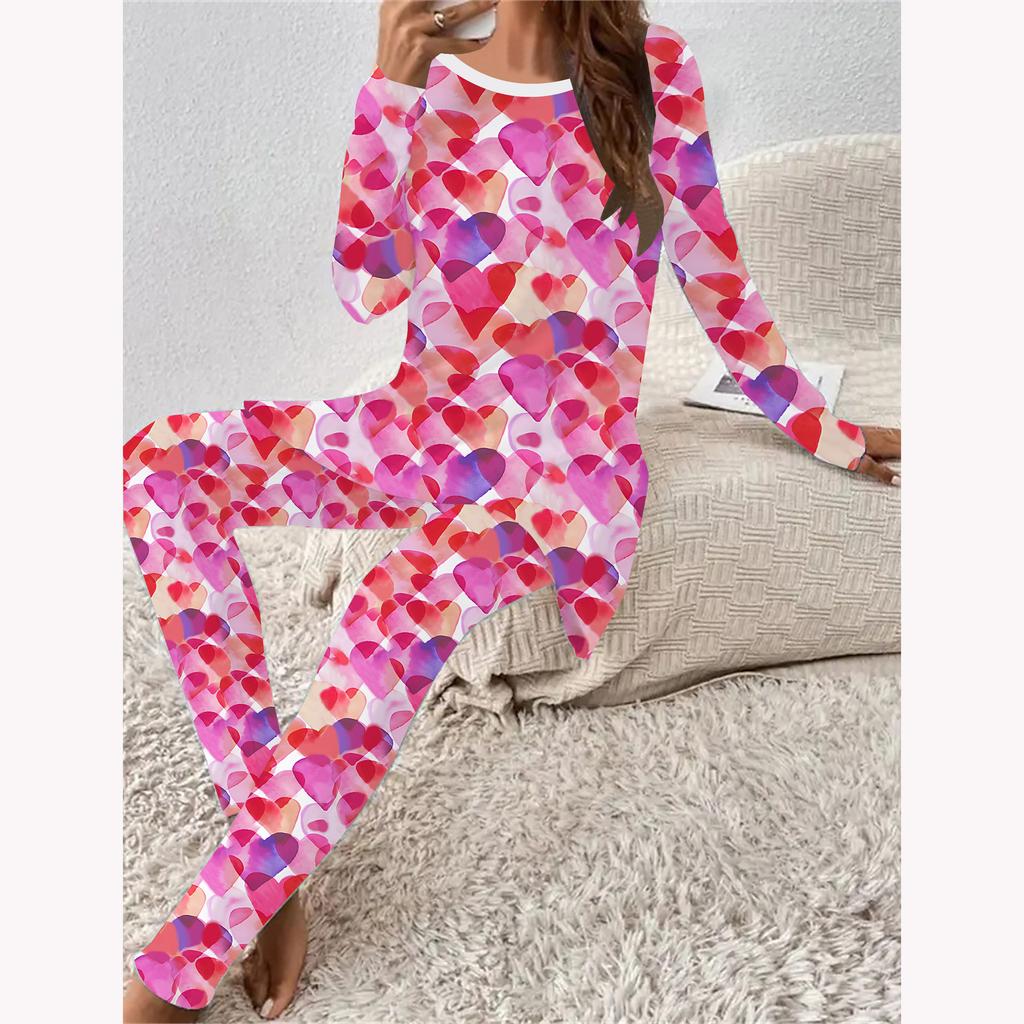 Euroamerikanische Mode 3D Liebesmusterdruck Damen Vier-Jahreszeiten Langarm T-Shirt + Lange Hose Zweiteiler. Perfektes Geschenk zum Valentinstag