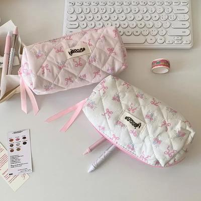 Sweet Pink Color Fashion Pencil Case Creative Design Bow Student Stationery Organizer Portable Kawaii School Pen Bag