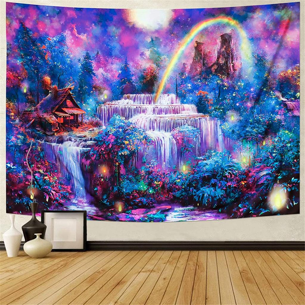 Fluorescent Hanging Blanket UV Purple Light Waterfall Forest Home Decor Painting Living Room Background Cloth Bedroom Headboard Hanging Cloth Blanket