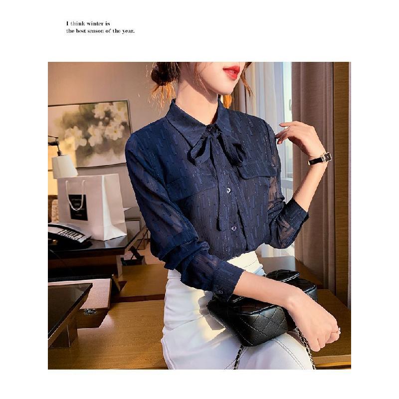 Bow-tie chiffon women's long-sleeve shirt, 2026 new model, spring and autumn blue blouse