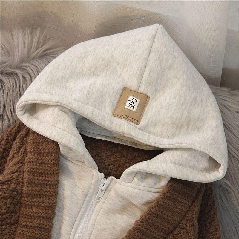 Spring Autumn Hooded Sweater Women's Autumn Jacket Loose Sweater with Medium Length Buttons Cardigan