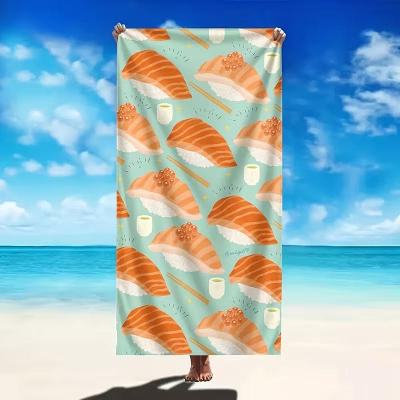 Artistic Sushi Roll Beach Towel Food-Themed Large Quick-Drying Towel Vivid Watercolor Sushi Pattern for Summer Beach
