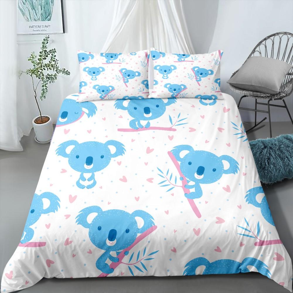 3D Koala Duvet Cover Set Microfiber Cartoon Leaves Baby Bear Australian Wildlife Themed  Bedding Set Queen Size Comforter Cover