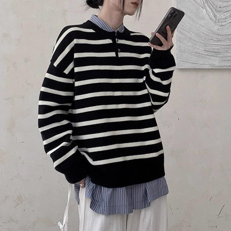 Women's Neutral Striped Sweater - Loose Fit, Warm Autumn/Winter Style