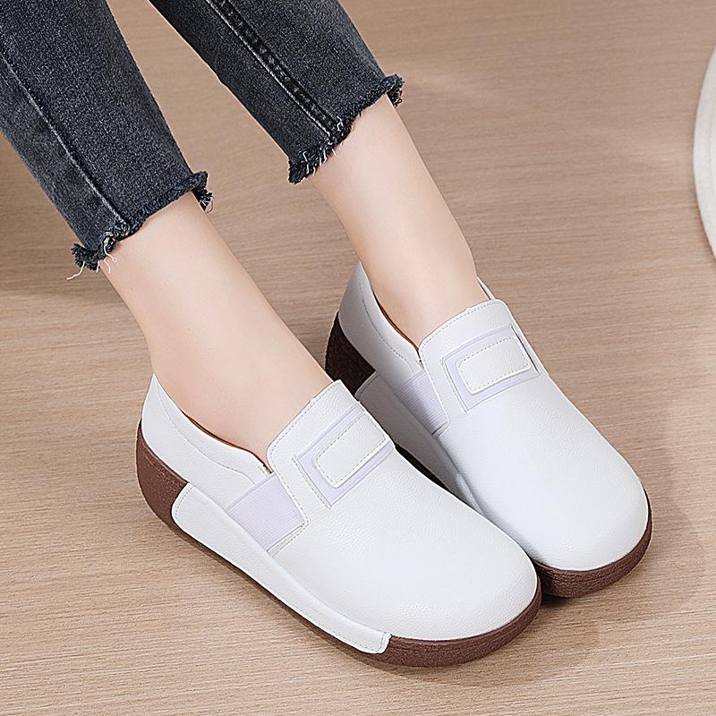 Soft Leather Women Platform Shoes Fashion Wedge Heels Elastic Loafers Elegant Mother Shoes Casual Walking Shoes