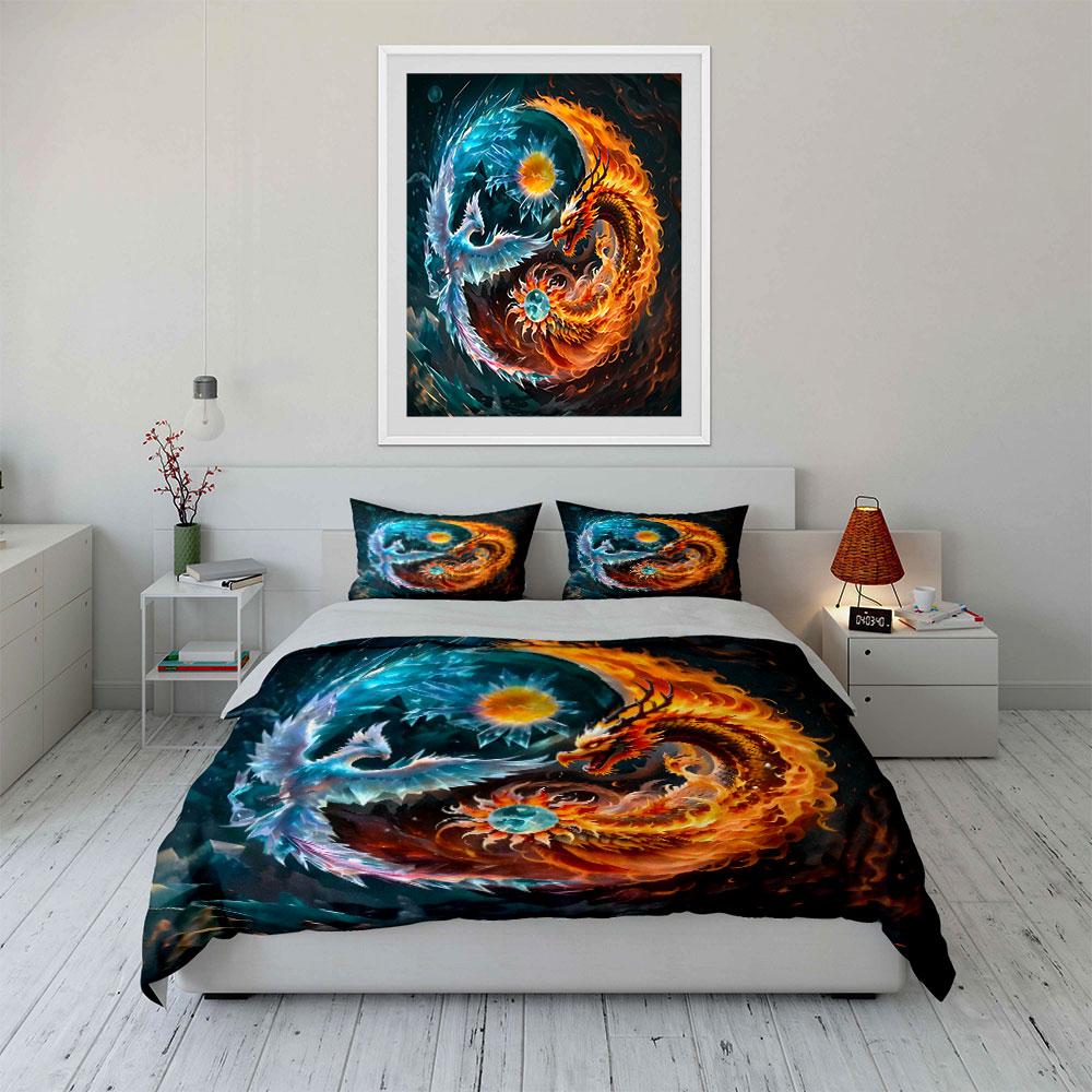 Fire And Ice Dragon Design Set Bedding Set With 1 Duvet Cover 2 Pillowcases Single Double King Queen, Gift
