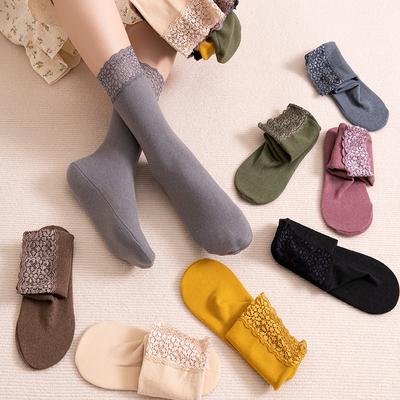 2/4 Pairs Winter Thicken Warm Solid Velvet Snow Socks Women's Lace Stitching Simple Home Middle Tube Velvet Large Size Socks