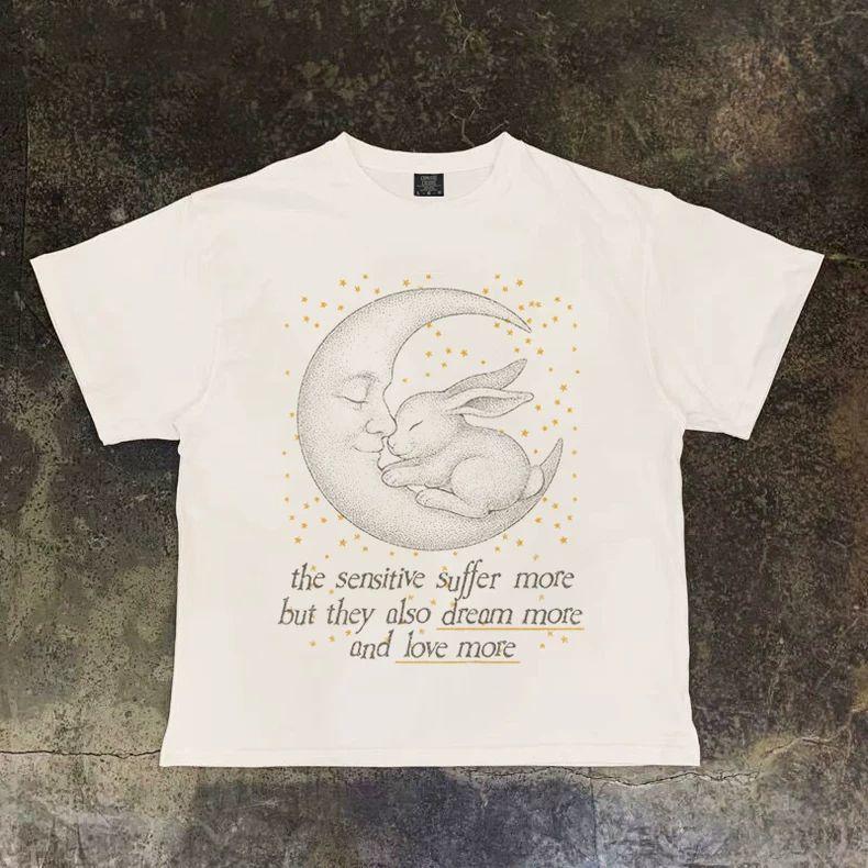 

Vintage Moon and Bunny Graphic Print Autumn Pure Cotton Men s and Women s T-shirt Short Sleeve Street Fashion Trend Clothing 4XL