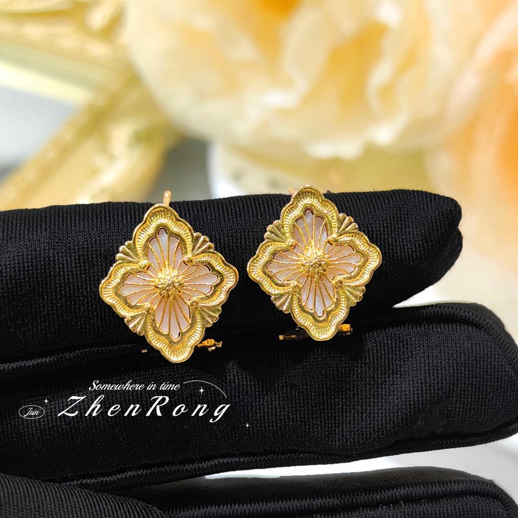 Italian Brushed Craft Retro Court Style Pink Fritillary Set Four-Leaf Clover Bracelet Pink Shell Necklace Ring Ear