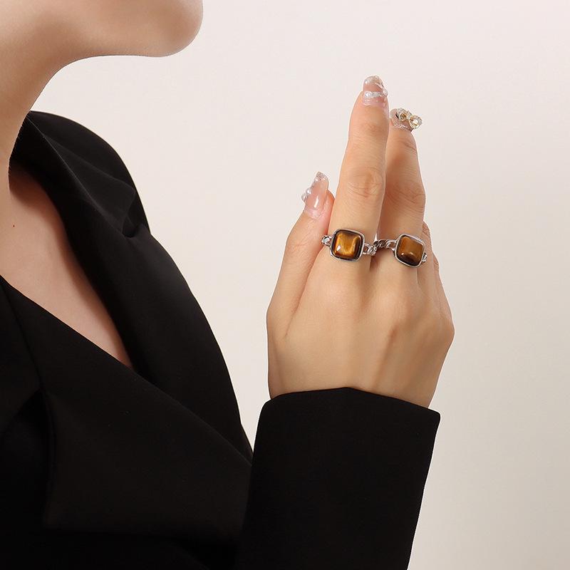 Geometric Open Ring: Retro Natural Stone Tiger Eye Inlay Size 7