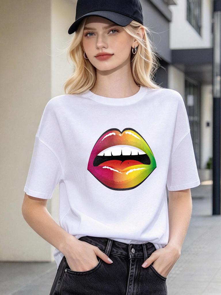 Unisex T Shirt Gradient Lips Print Casual Loose Short Sleeve Top