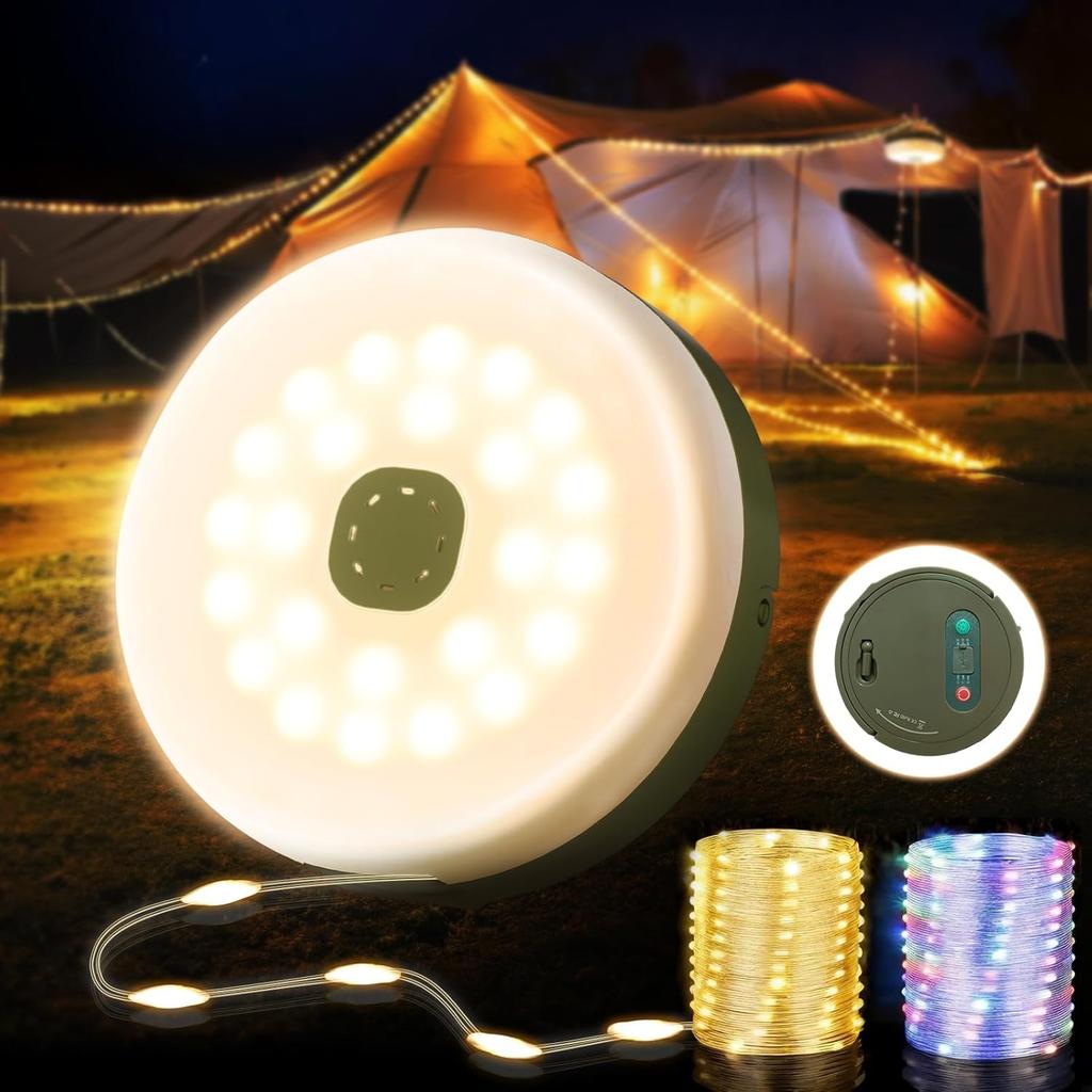 Camping String Lights, 2 In 1 Quick Storage 32.8FT Rechargeable Tent Lights String with 8 Modes, Hanging Waterproof Portable LED Lamp for Outdoor