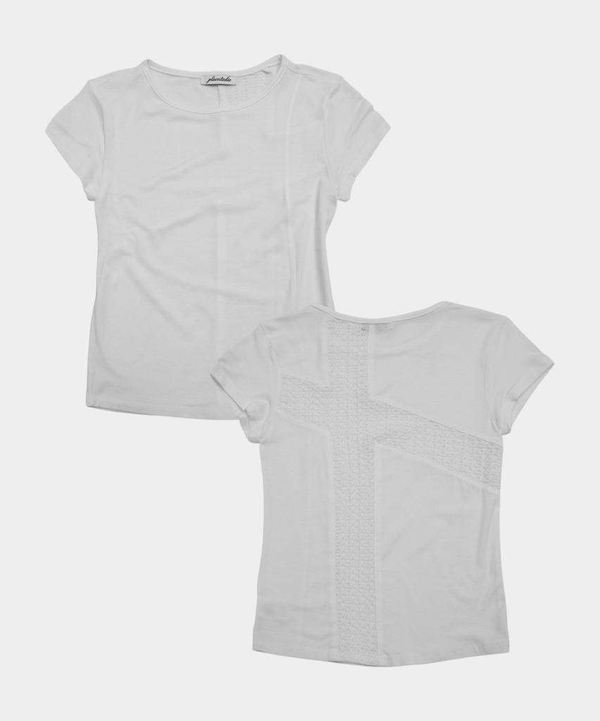 PLACE STUDIO Back Cross Lace Contrast Basic Semi-Crop Women'S Short Sleeve T-Shirt [White]