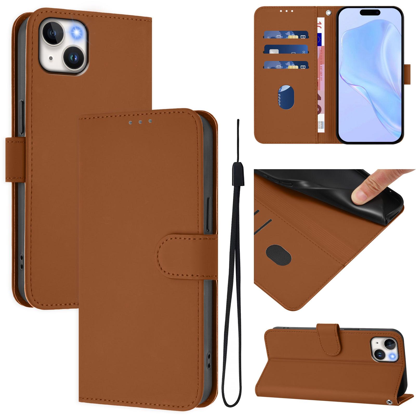 

For iPhone 15 Plus Case Solid Color Wallet Leather Phone Cover with Strap Brown