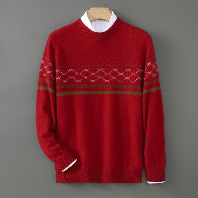 Men's Color Block Wool Pullover - Warm, Thickened Round Neck Knitwear for Autumn/Winter 2025