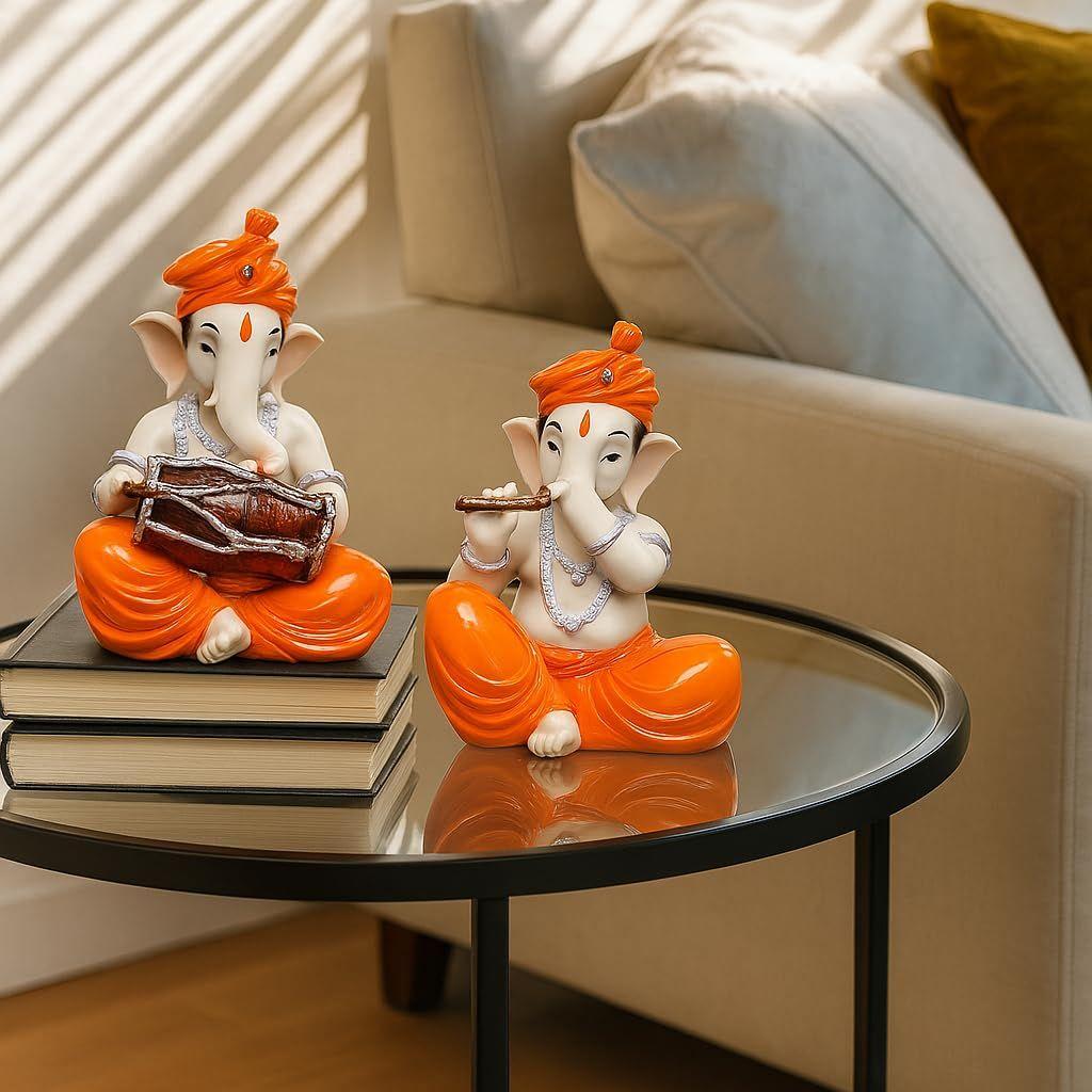 Musical Ganesha Pair for Home Decor | Brings Prosperity - (Orange and White, Pack of 2)(Resin)