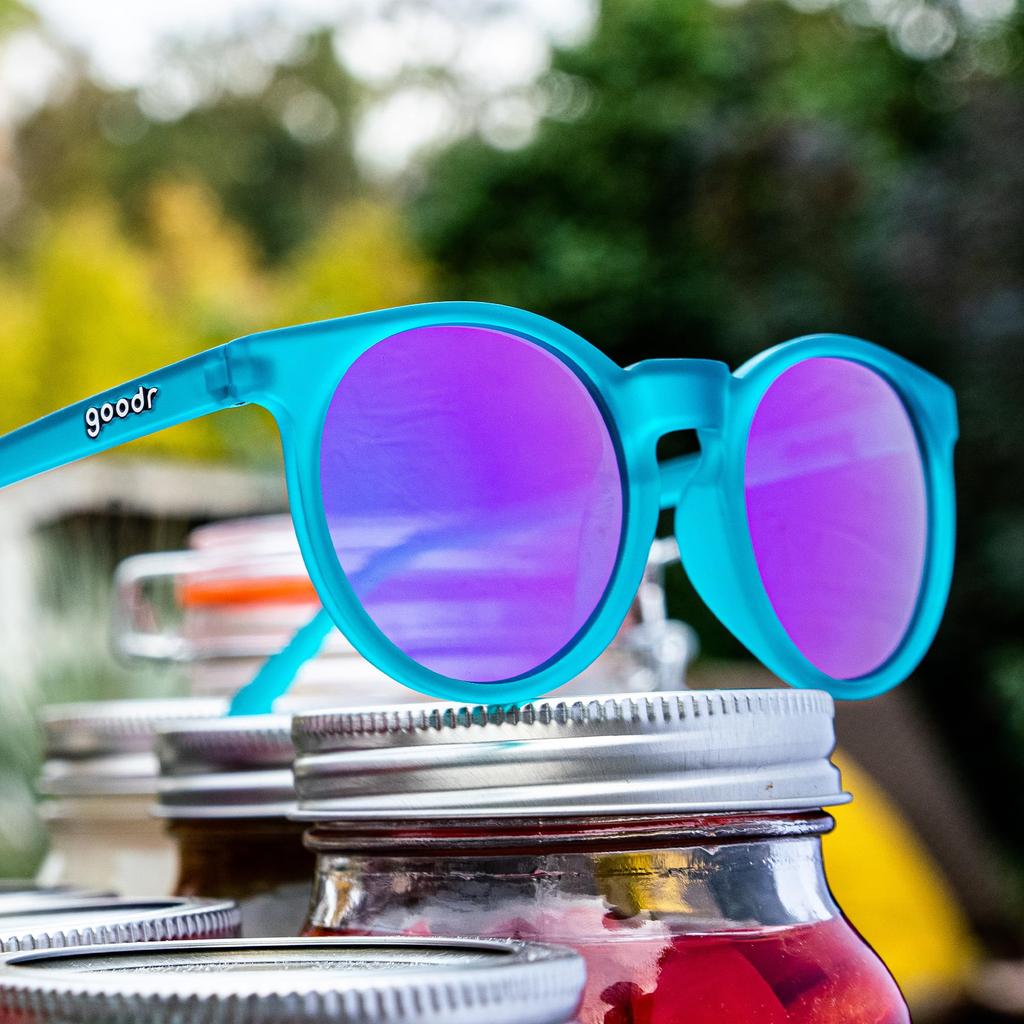 Goodr I Pickled These Myself Polarized Round Sunglasses, Unisex, Teal Semi-Transparent Frame, Purple Pink Reflective Lenses, UV400 Protection,