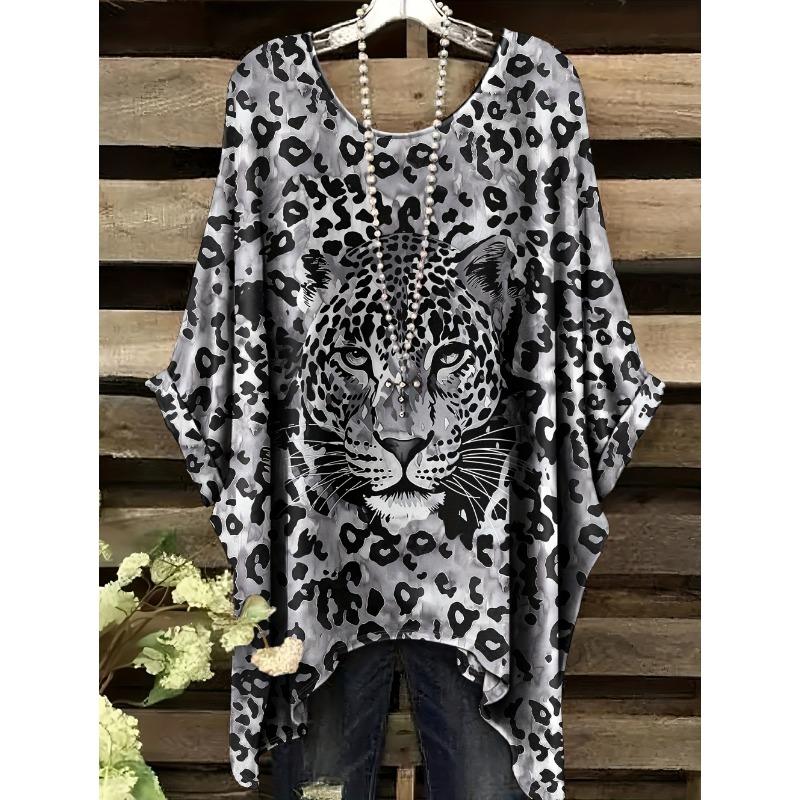 Camiseta de Mujer Moda Leopardo Impresión 3D Tops Verano Sexy Cuello Redondo Manga Corta Camiseta Calle Casual Holgada Ropa de Mujer