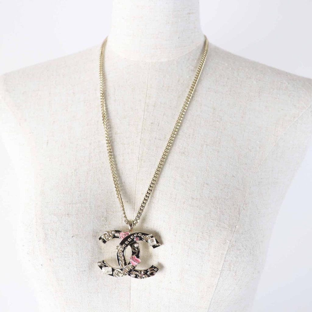 CHANEL Necklace Camellia Perfume Bag Icon Design COCO Mark black Pinkgold B24P Used