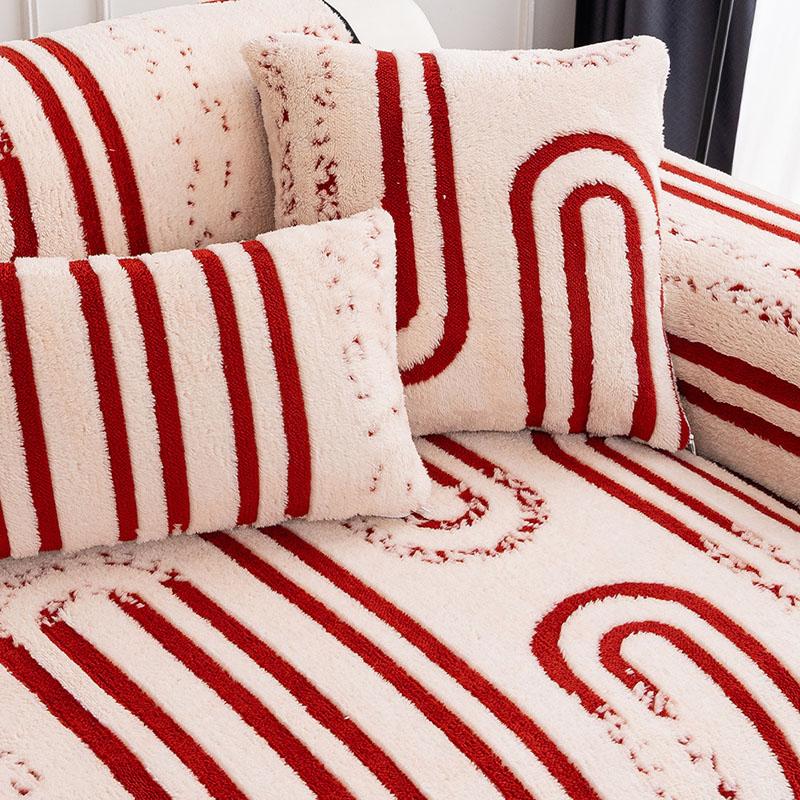 European Striped Jacquard Plush Sofa Cushion Simple Fashion Non-Slip Sofa Cover for Living Room Keep Warm Dustproof Couch Covers