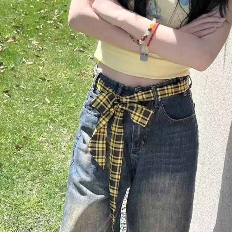 Cinto de Cintura Xadrez Longo e Fino Com Gravata Jeans Cachecol Acessório Decorativo Personalidade Tendência Faixa de Cabelo Acessório da Moda