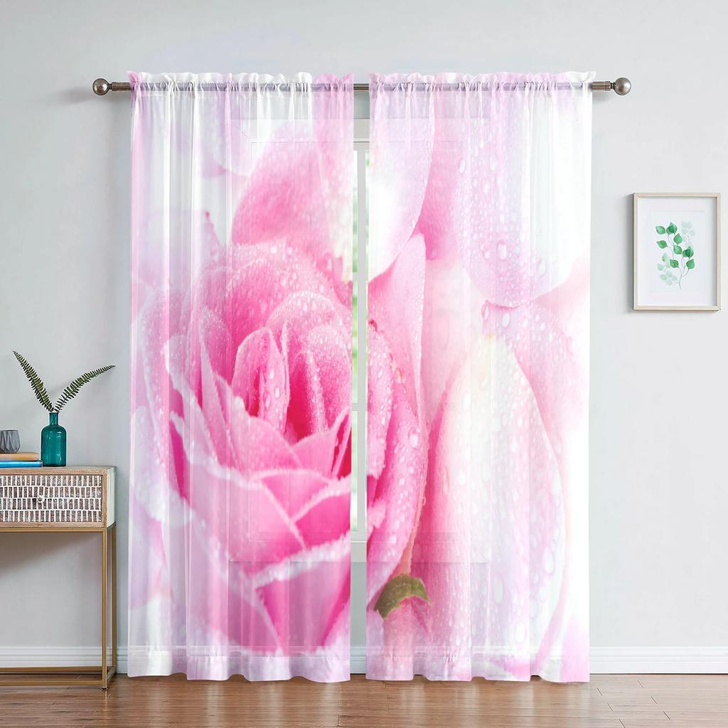 Romantic Rose Floral Yellow Flowers Voile Curtain Living Room Home Kitchen Green Leaves Butterfly Window Tulle With Sheer Polyester Perfect For