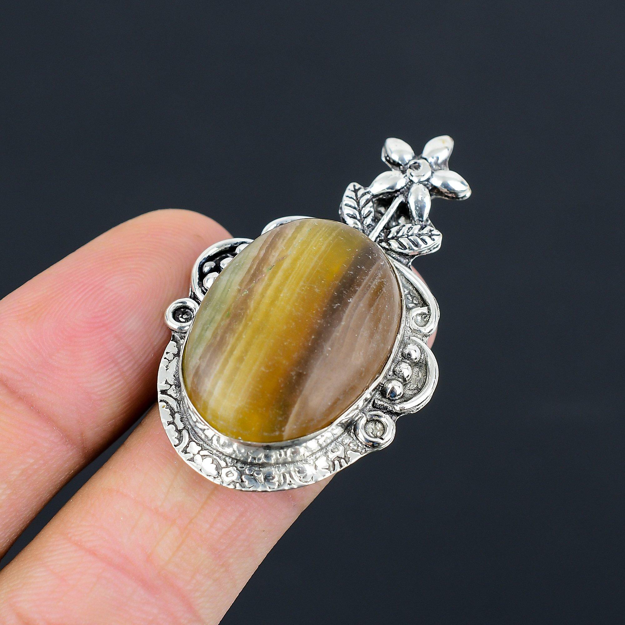 

925 Silver Oval Multi Fluorite Stone Ethnic Statement Flower Ring Jewelry US 7.5 7.5