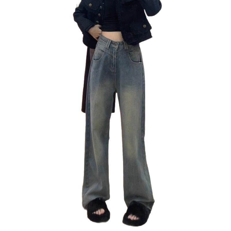 Women's Plus Size High-Waist Retro Straight-Leg Jeans with Velvet - Autumn/Winter Wide-Leg Floor-Length Pants.