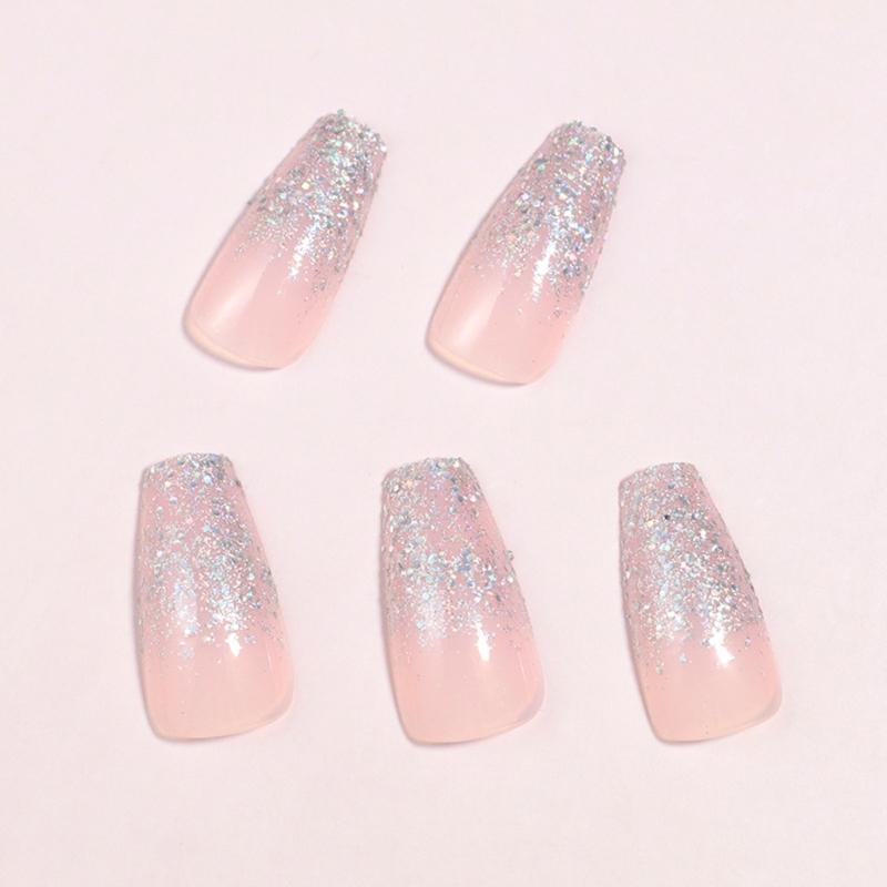 24Pcs Glossy Ballet Press On Nail with Glitters French Tips Full Cover Artificial Nail Manicure Decoration for Women