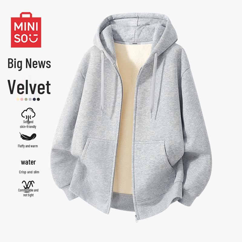 

MINISO Men s Lamb Fleece Lined Zip-up Hoodie 2XL