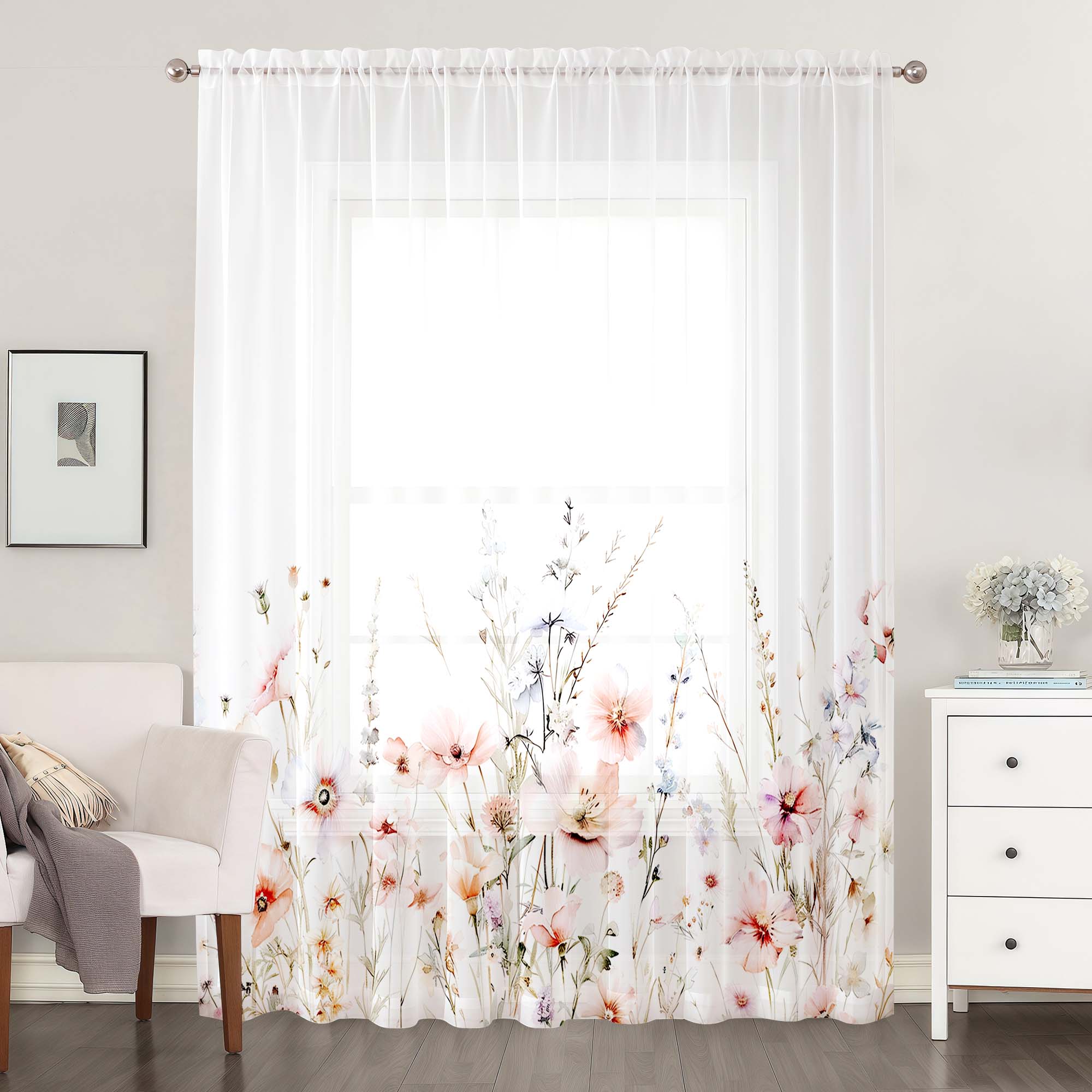 

One-piece floral semi-sheer curtain for living room – this pink-purple floral printed curtain sheer is suitable for cottag 100*130 HOOK 1pcs
