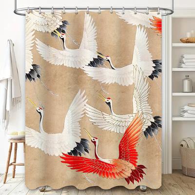 Japanese Crane Print Shower Curtain Modern Floral Design Bathroom Decor Waterproof Fabric for Home Bathing Room