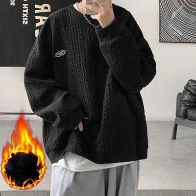 Winter Velvet Thick Warm Hemp Pattern Sweatshirt Men's Loose and Versatile Round Neck Pullover Youth Long-sleeved Sweatshirt
