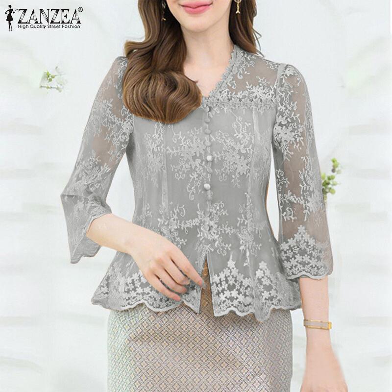 ZANZEA Dámská ležérní halenka s výstřihem do V, 3/4 rukávy, dutým patchworkem a krajkou