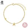 ORSA JEWELS Vintage Double Layer 925 Silver Star Anklet with Natural Pearl Starfish Foot Chain Beach Jewelry SA101