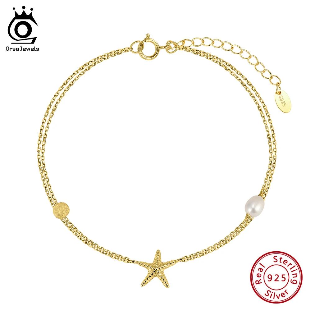 ORSA JEWELS Vintage Double Layer 925 Silver Star Anklet with Natural Pearl Starfish Foot Chain Beach Jewelry SA101