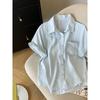 Korean Fashion Commuter Ol Loose Lapel Single-Breasted White Design Embroidered Shoulder Short Sleeve Shirts Top Women