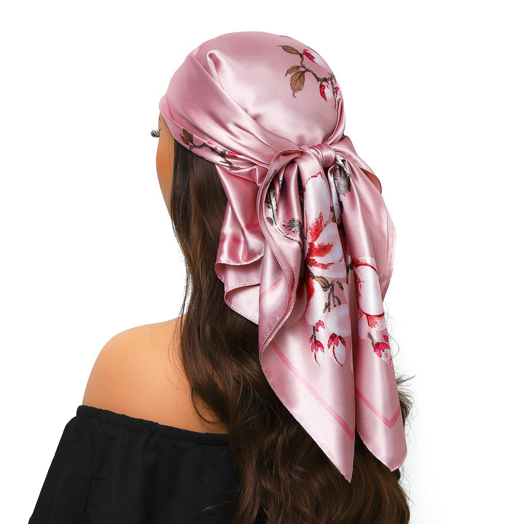 new 90*90cm Vintage Flowers Square Scarf Women Silk Shawl Neckerchief Female Print Headband Head Wraps Foulard Hijab Hair Bands