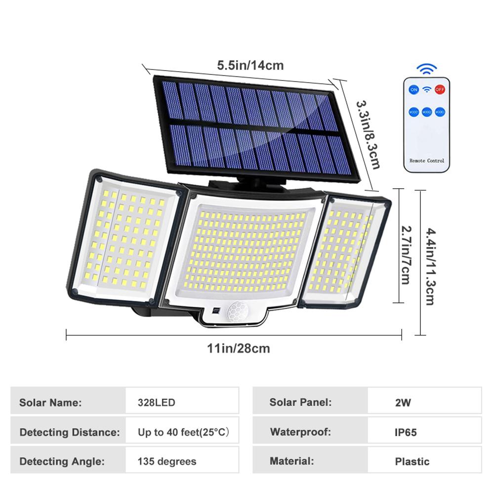 Solar Outdoor Lights 328 LED Security Lights with Remote Control IP65 Waterproof Solar Motion Sensor Lights Integrated or Split