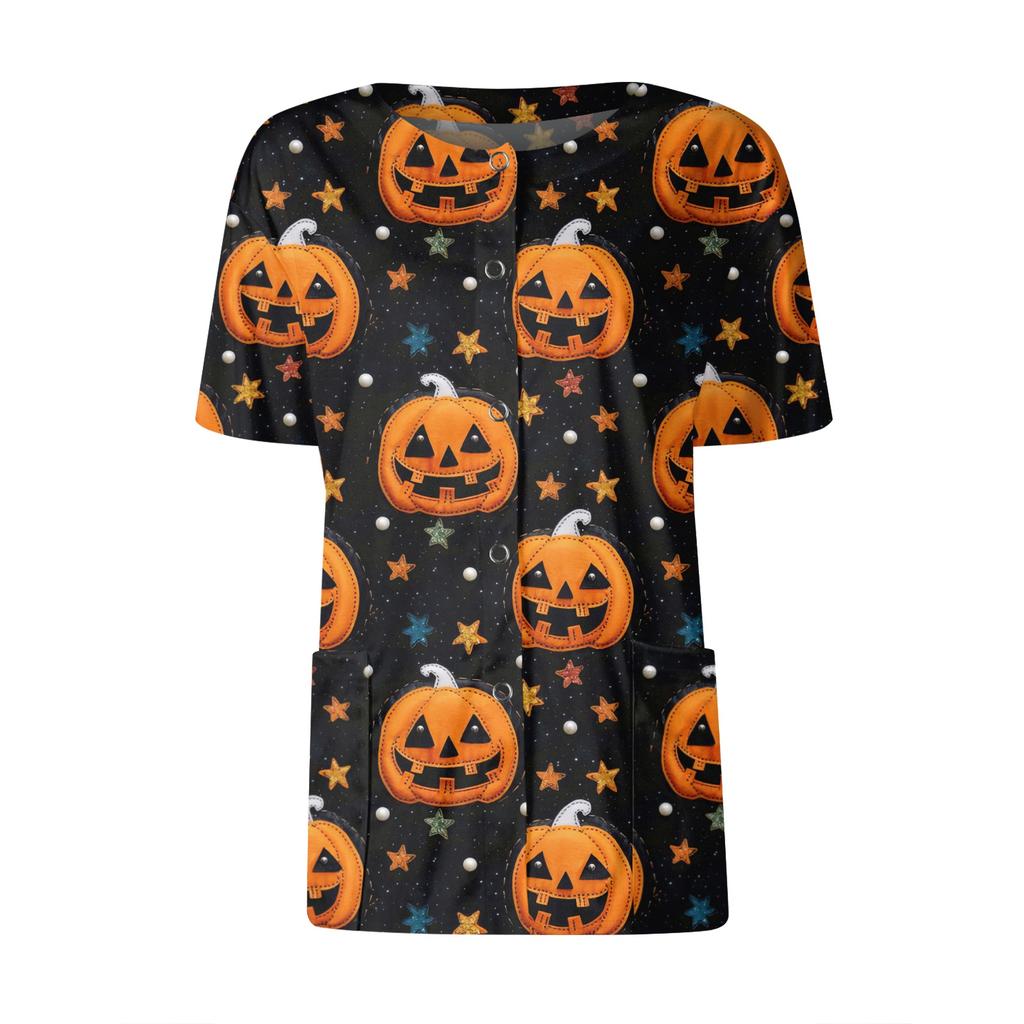 Women's Short Sleeved Patterned Pockets, Work Print Stand Up Collar, Single Breasted Protective Clothing, Cardigan Jacket, Top