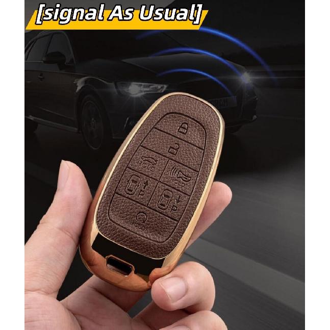 Key Fob Cover For Hyundai With Key Chain, Upper Leather + Soft TPU Car Key Case Shell For 2024   Hyundai Sonata Santa Fe Nexo Tucson (5 Buttons,