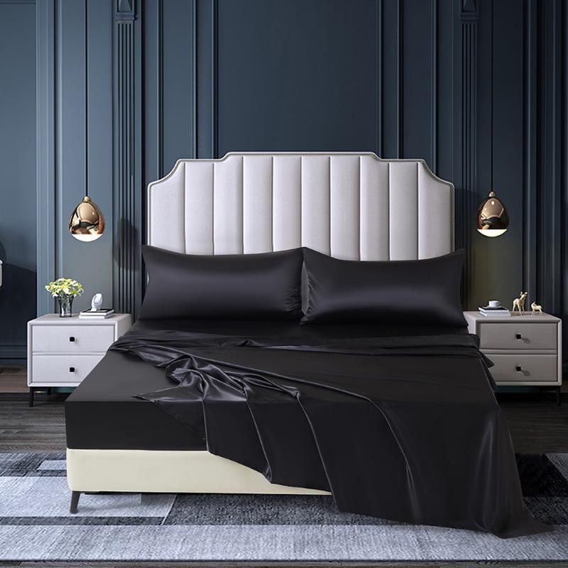 Summer Satin Silk-like Bed Sheet Set (Flat Sheet + Fitted Sheet + Pillowcase) Solid Color Mattress Cover Twin Full Queen Size